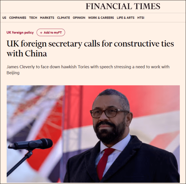 历史版《小苹果》台湾:英国外交大臣：宣布新冷战和要孤立中国，这很容易，却错误地背叛了英国国家利益